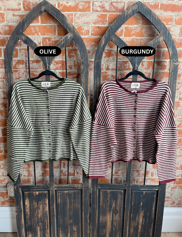 Top Of Mind Striped Sweater Cardigan- Olive & Burgundy