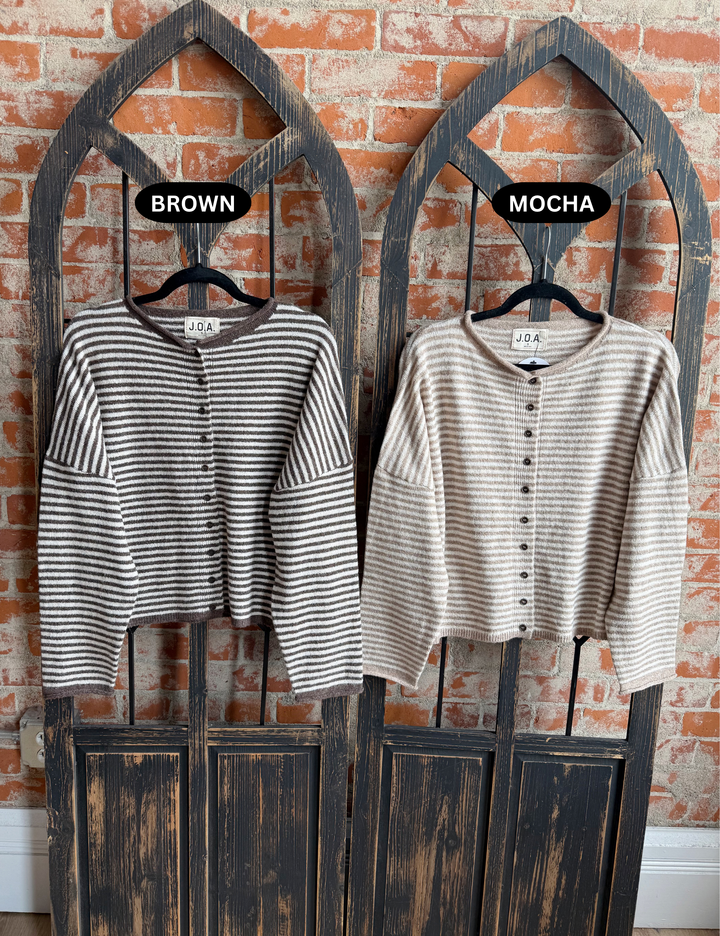 Top Of Mind Striped Sweater Cardigan- Mocha & Brown