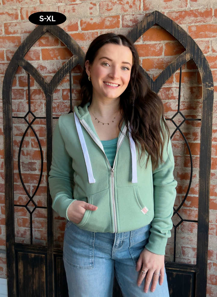 Always A Yes Fleece Zip Up-Sage