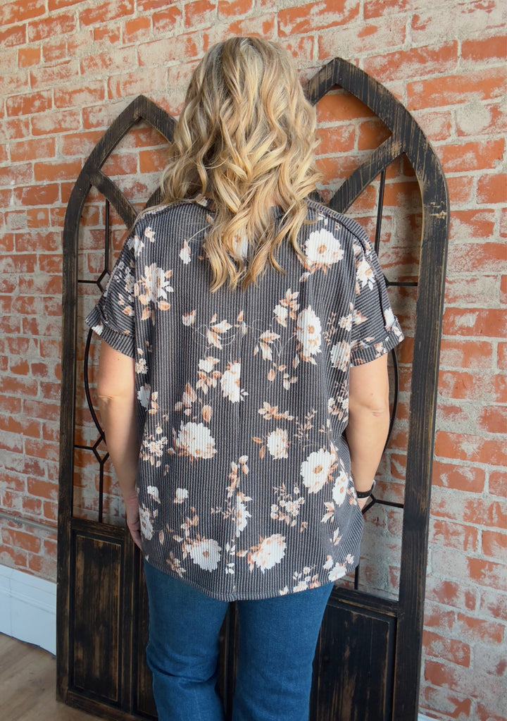 Give Me Flowers Black Ribbed Floral Tee
