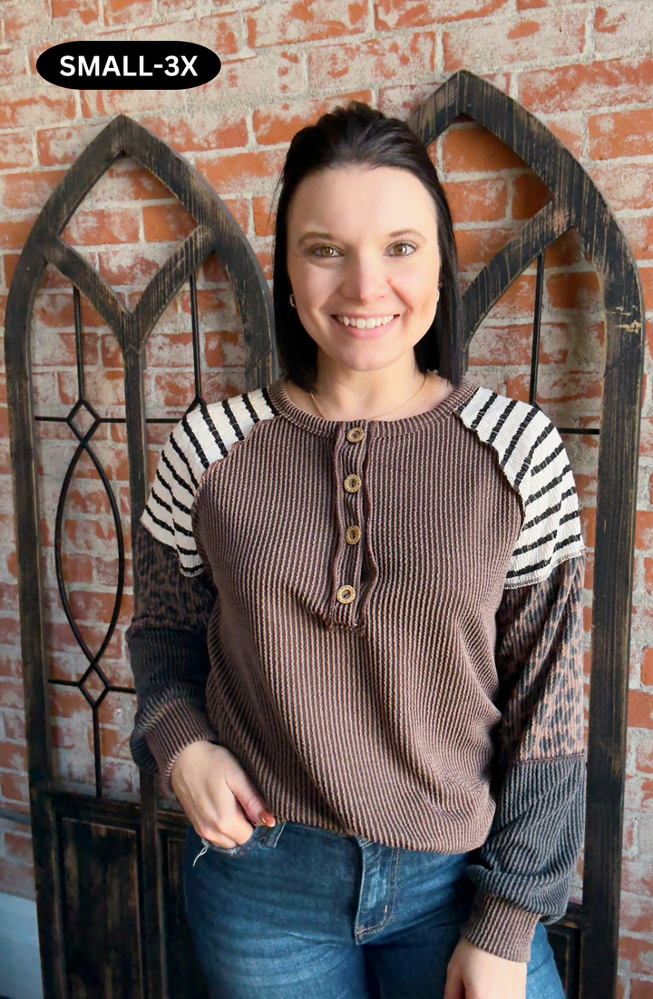 Wild Intentions Leopard Color Block Sleeve-Brown