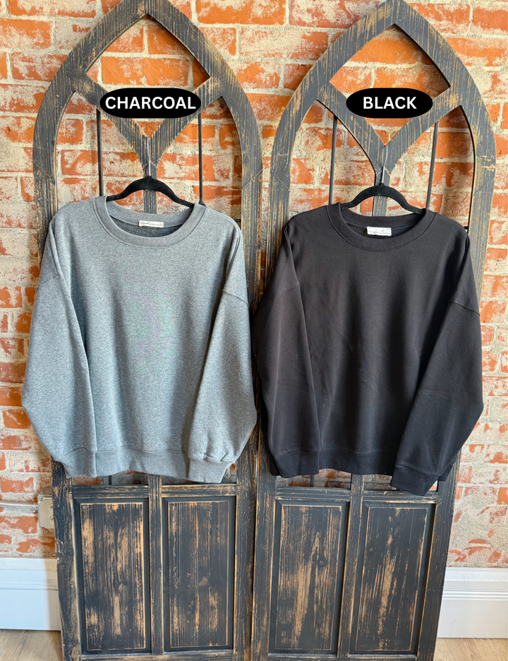Cozy By The Campfire Crewneck-Black & Charcoal