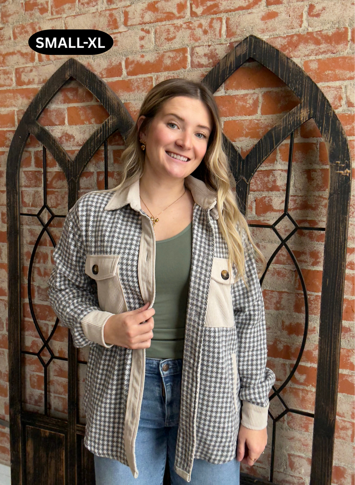 Getting Festive Houndstooth Shacket-Grey