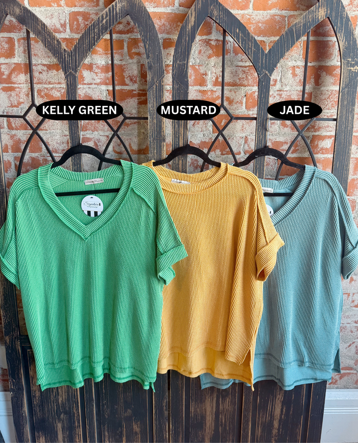 Just What You Need Ribbed Tee- Mustard & Green Tones