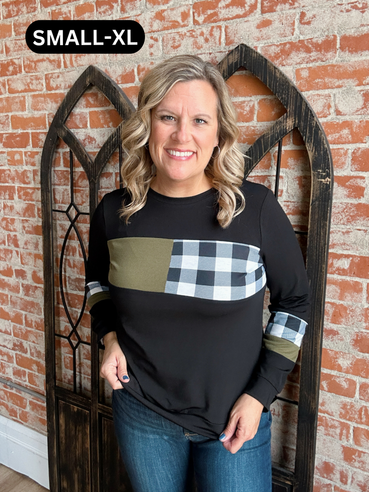 Feelin' Festive Buffalo Check Long Sleeve-Olive