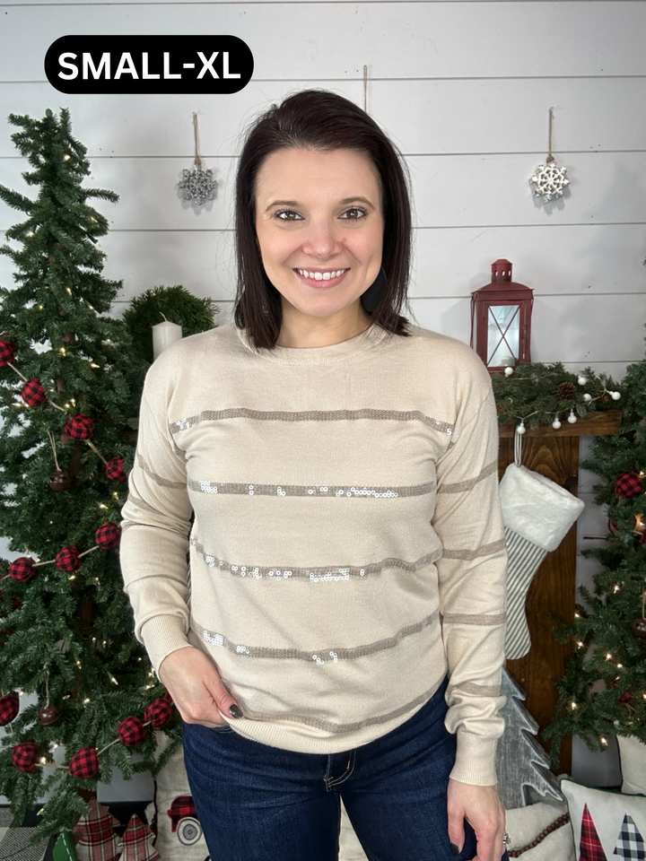 The Polar Freeze Sequin Stripe Sweater-Oatmeal