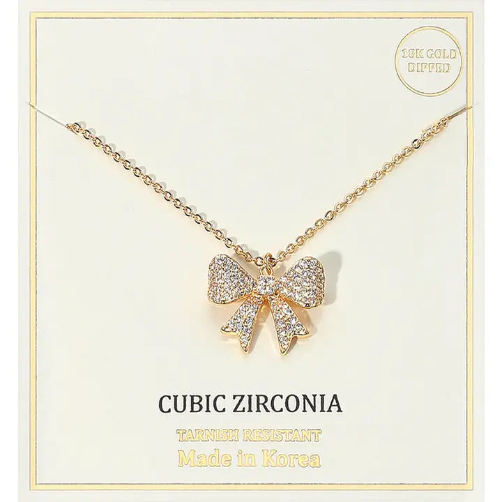 18K Gold Dipped Pave Bow Pendant Necklace