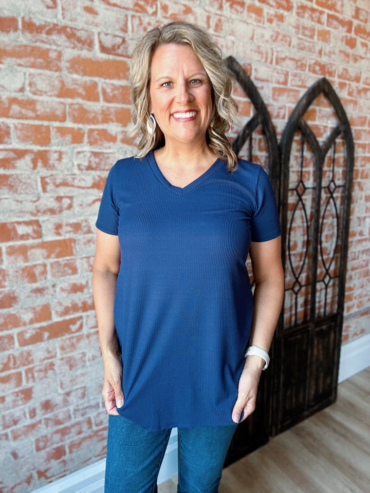 To The Rescue Ribbed V Neck Tee- Navy